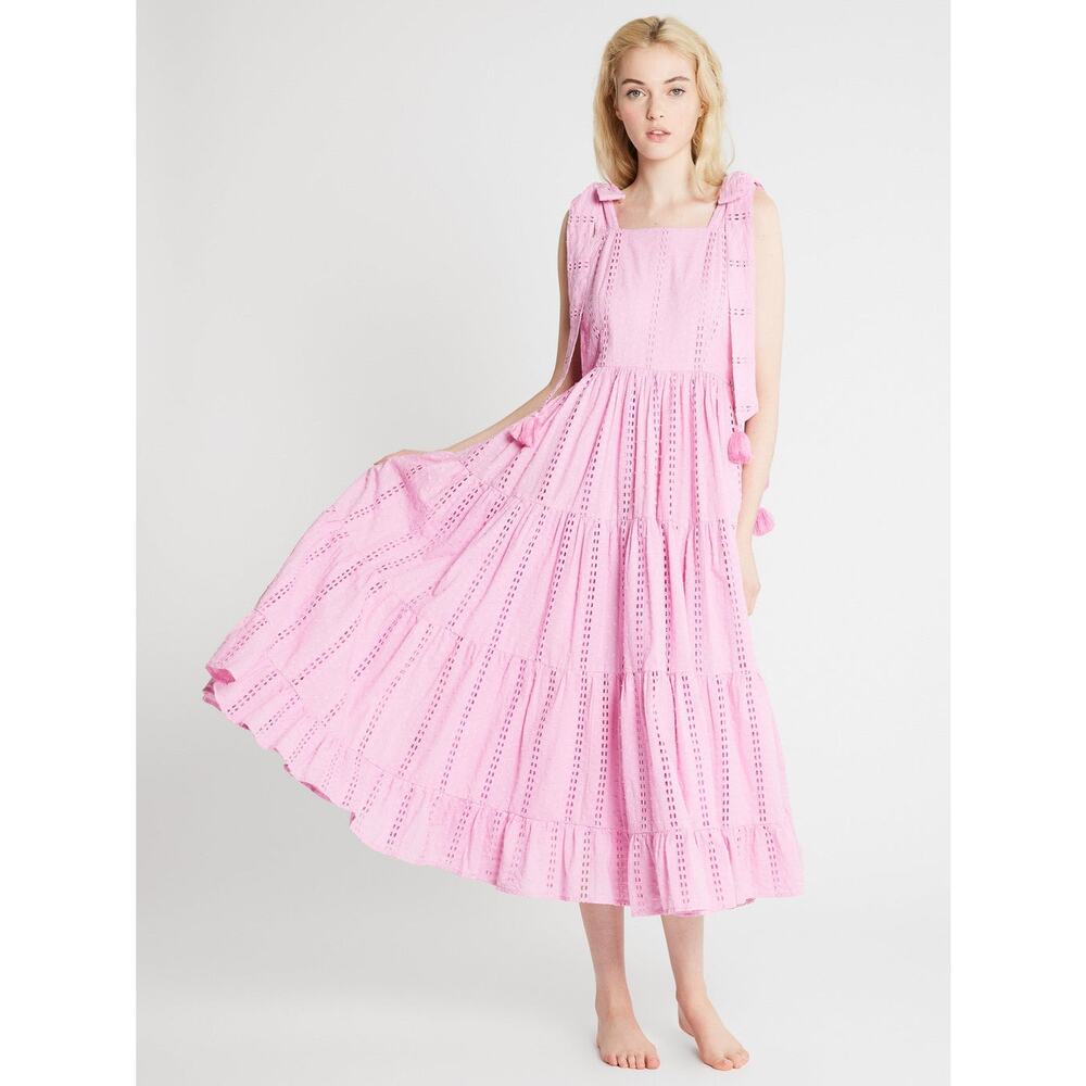 Mille Daphne Bubblegum Pink Polka Dot Eyelet Tie Shoulder Tiered Midi Dress New